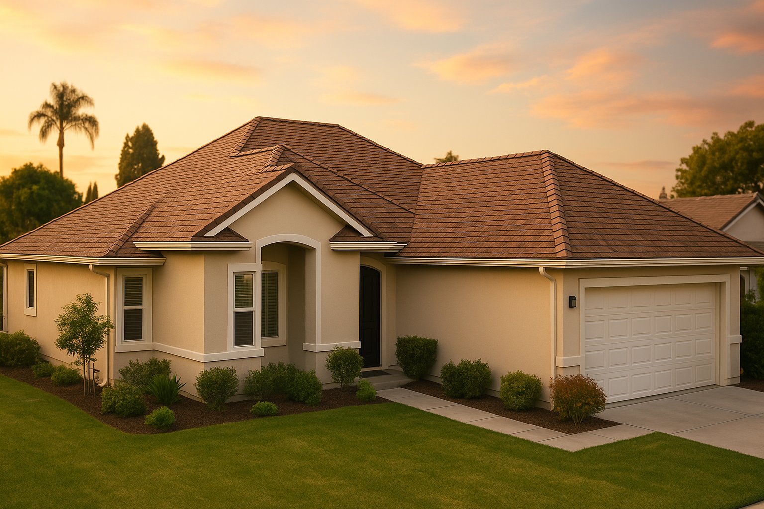 Home with a brand-new shingle roof installed by PeakShield Roofing under a golden sky
