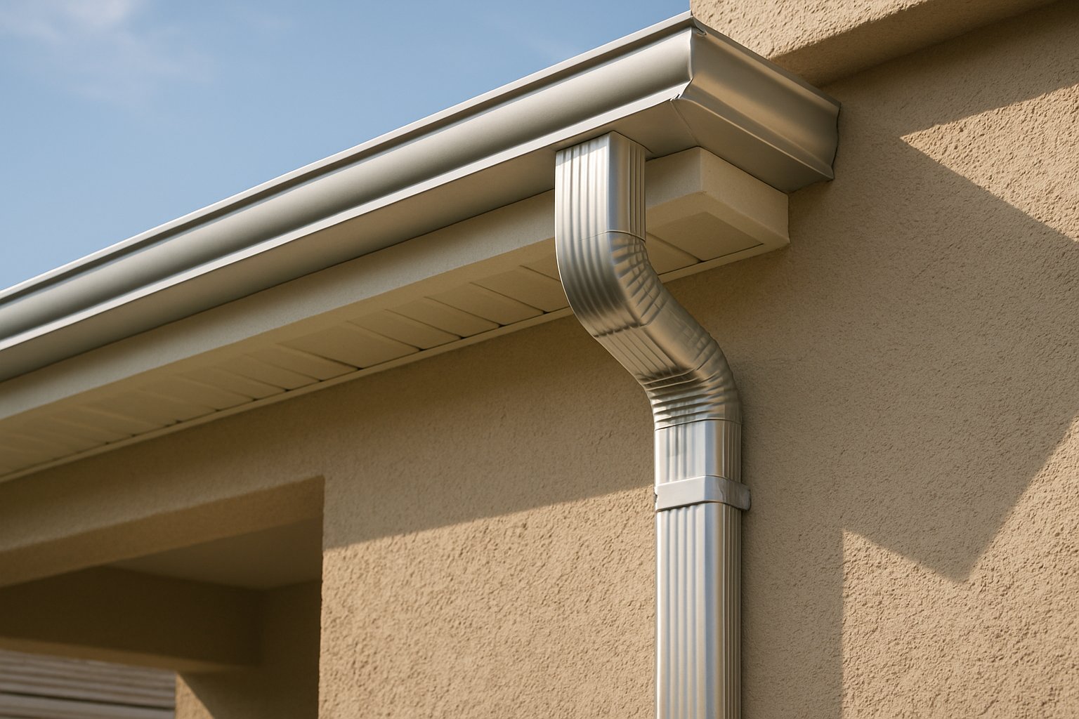 New seamless gutter installed along the clean eave of a stucco home