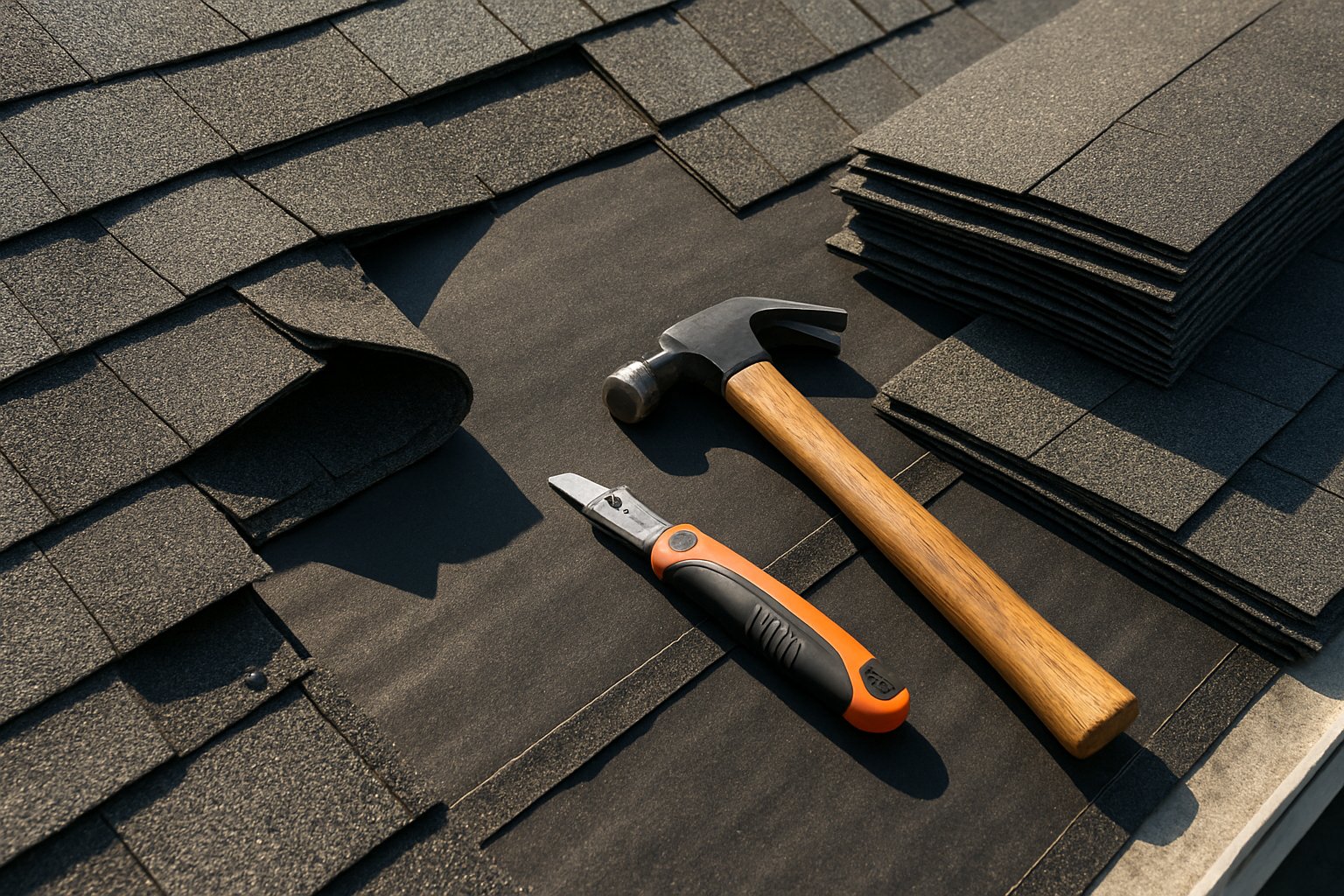 Roof section under repair with new underlayment and roofing tools