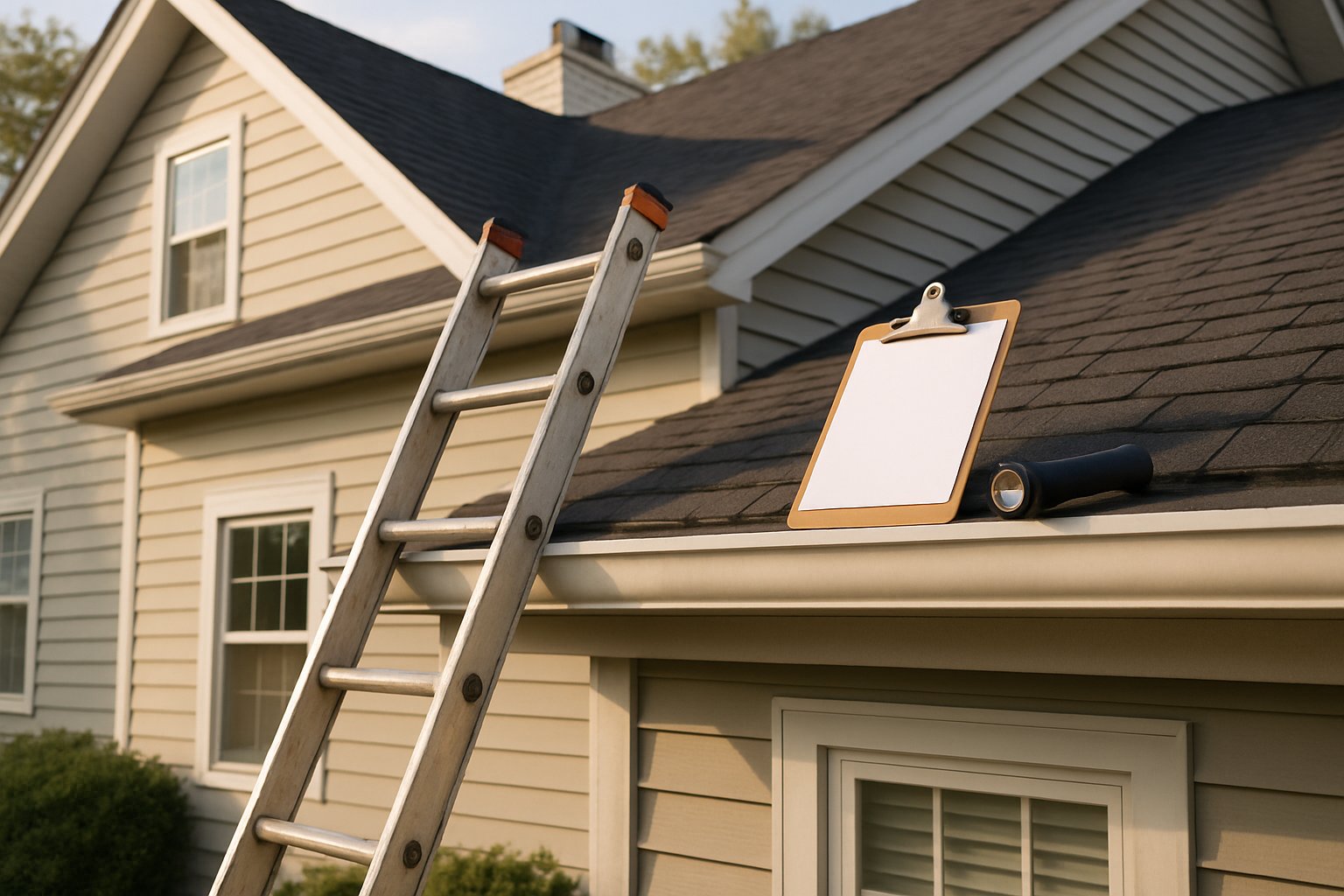 Ladder leaning on the roof edge during an inspection