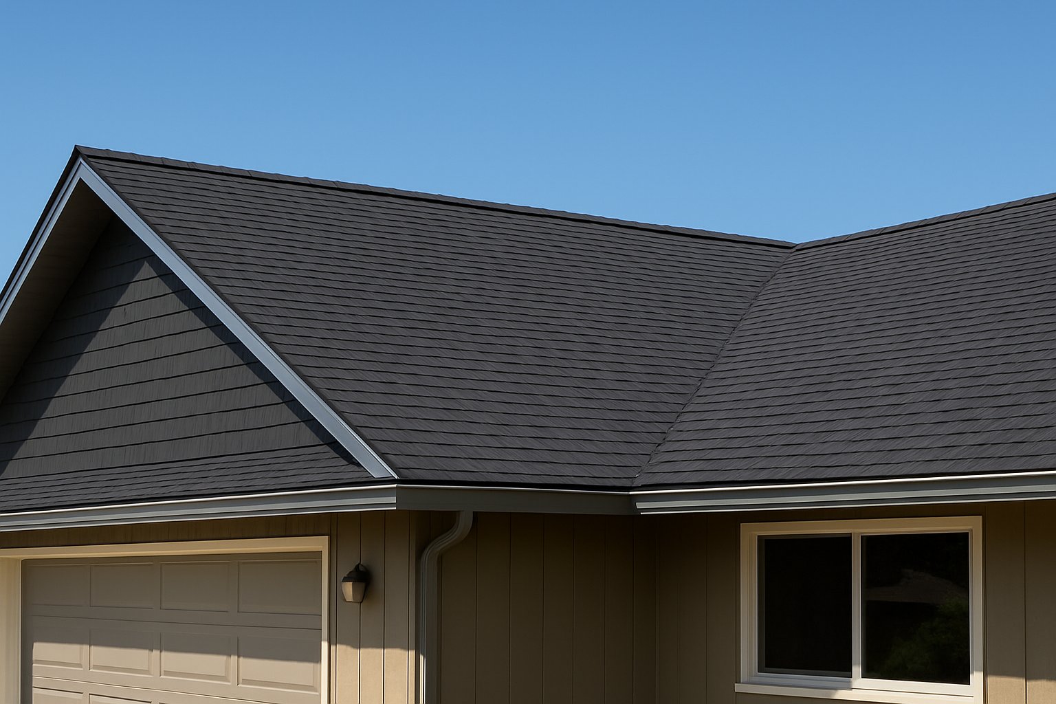 Freshly installed shingle roof on a single-story home
