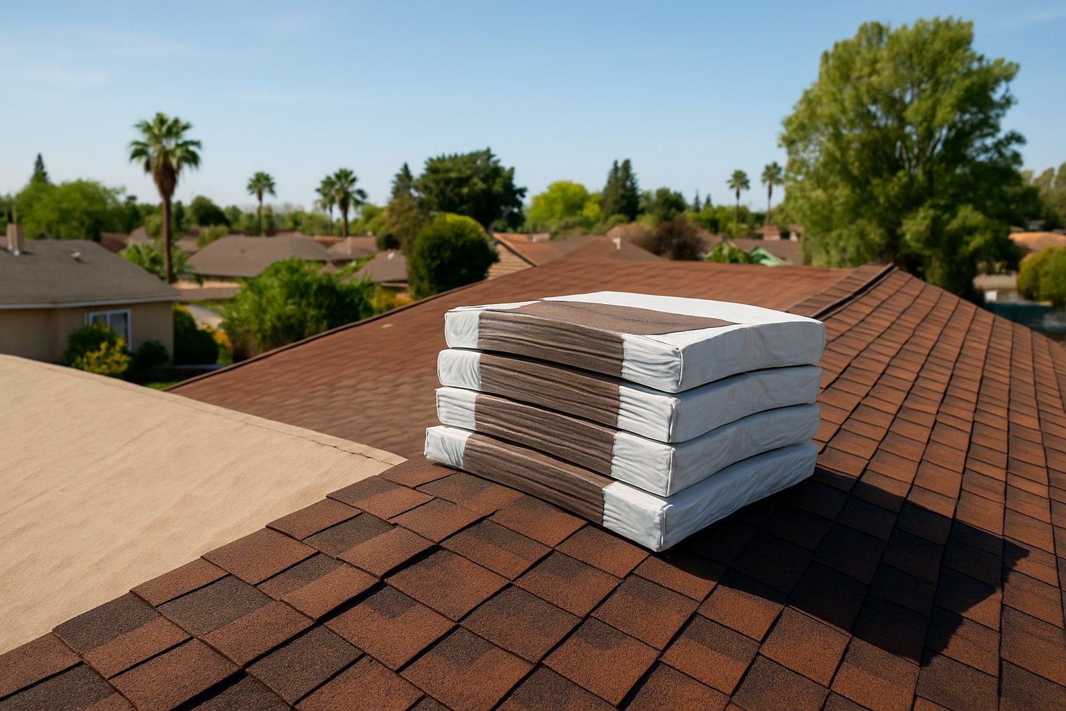 Bundles of new shingles staged on a half re-shingled roof