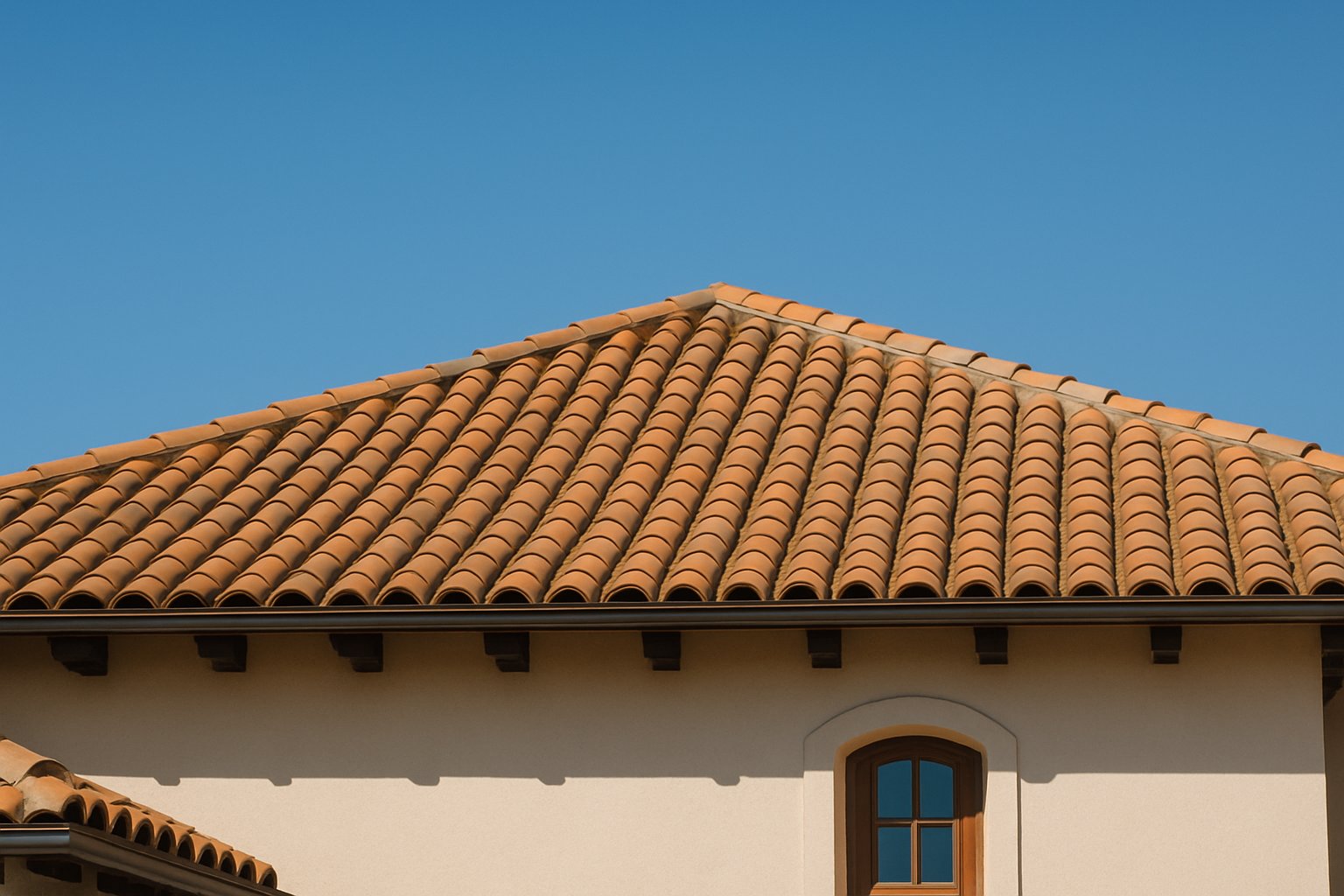 Spanish clay tile roof in warm terracotta tones on a Mediterranean-style home